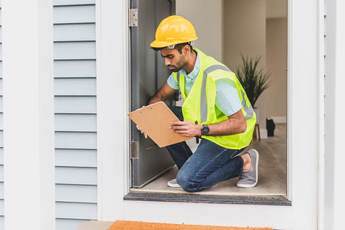 A home inspector examining a house foundation before an Iowa sale