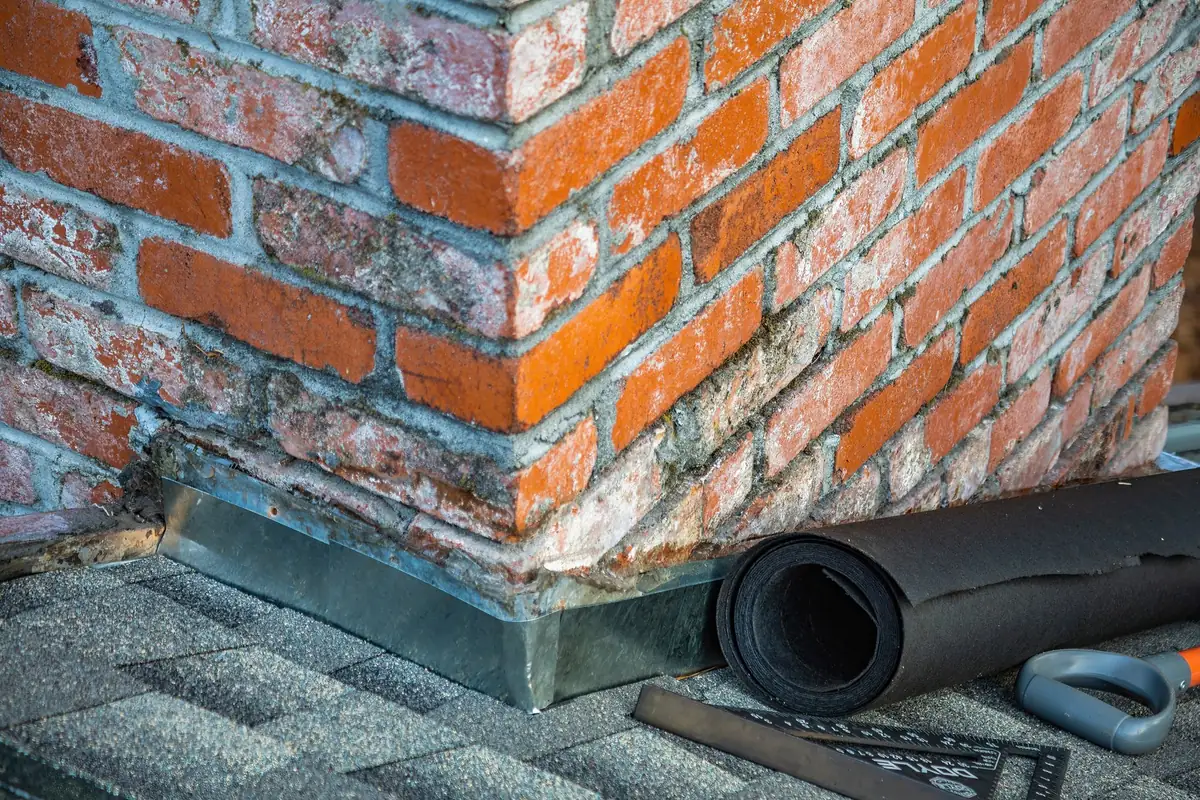 A brick chimney meeting an asphalt shingle roof with metal flashing being installed at the base, where chimney leaks start