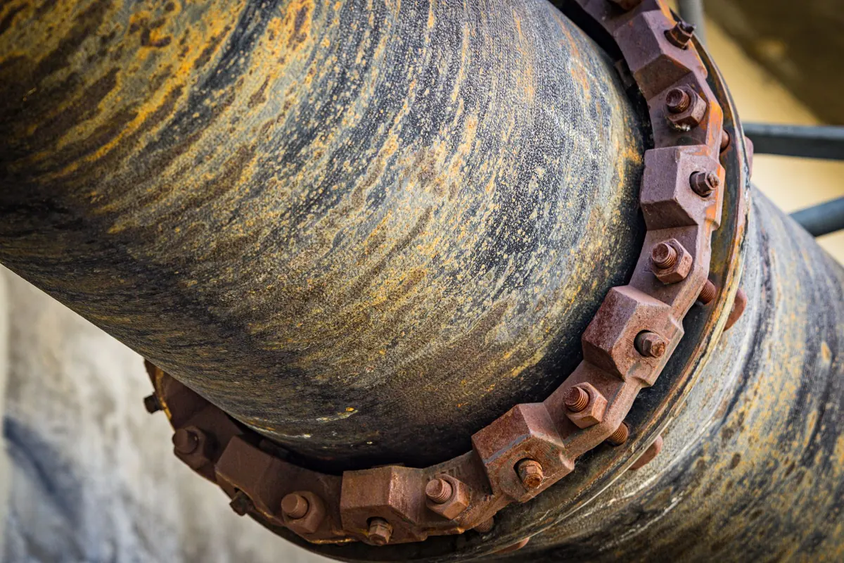 Rusted, corroded steel pipe joints, the kind of aging galvanized supply line found in older Iowa houses