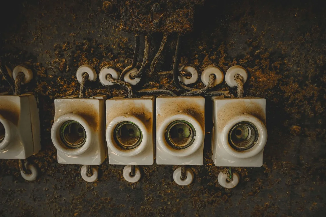 Old ceramic knob-and-tube style wiring behind the wall of an Iowa house being sold with outdated electrical
