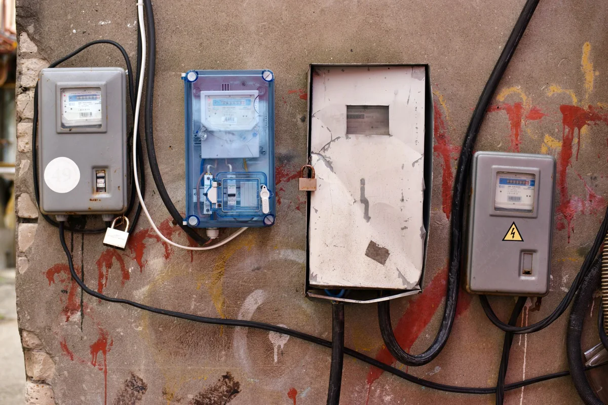 An old, weathered electrical panel and meter box, the kind that raises red flags when selling a house