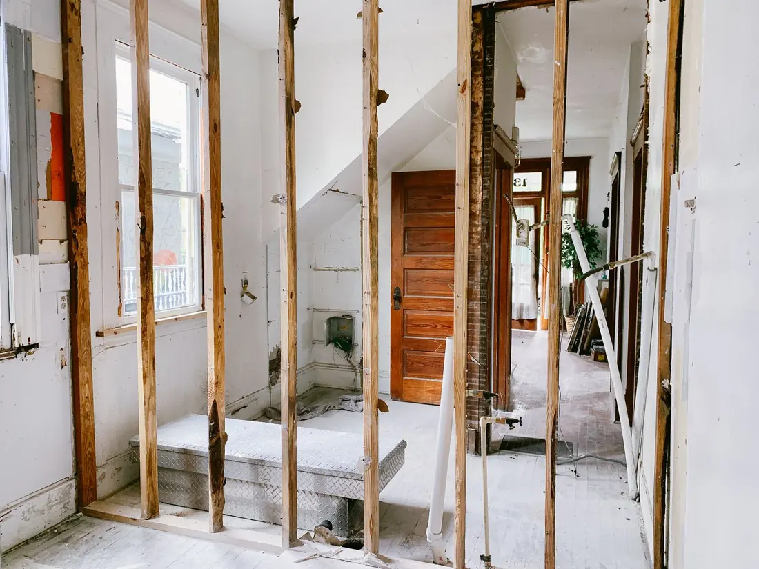 A home mid-renovation, the kind of unpermitted work that surfaces when selling a house in Iowa